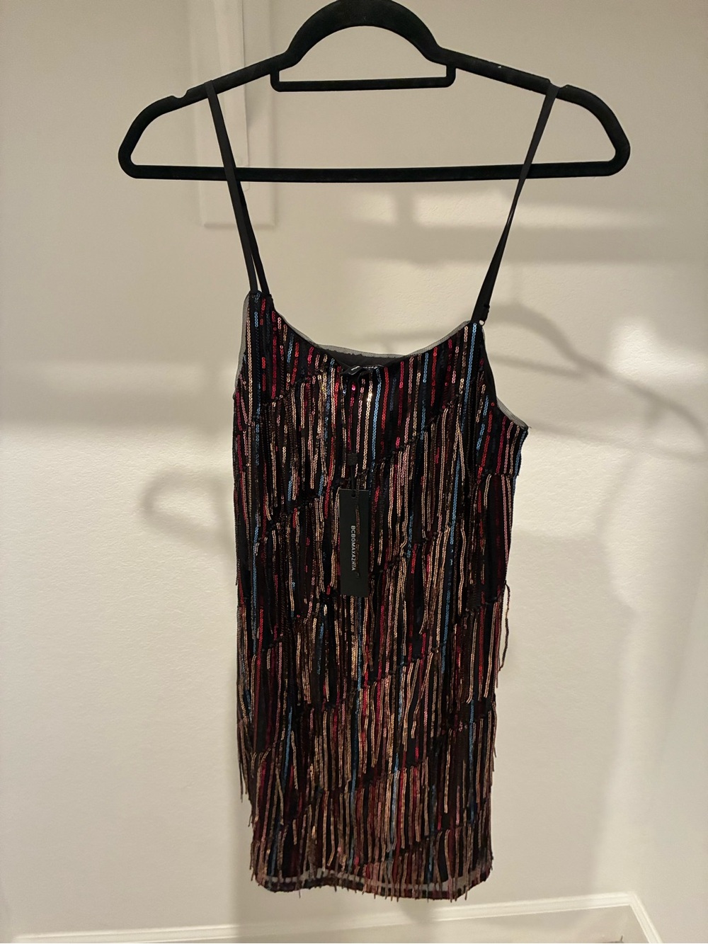 BCBGMaxAzria Black Multi Beaded Fringe Slip Dress